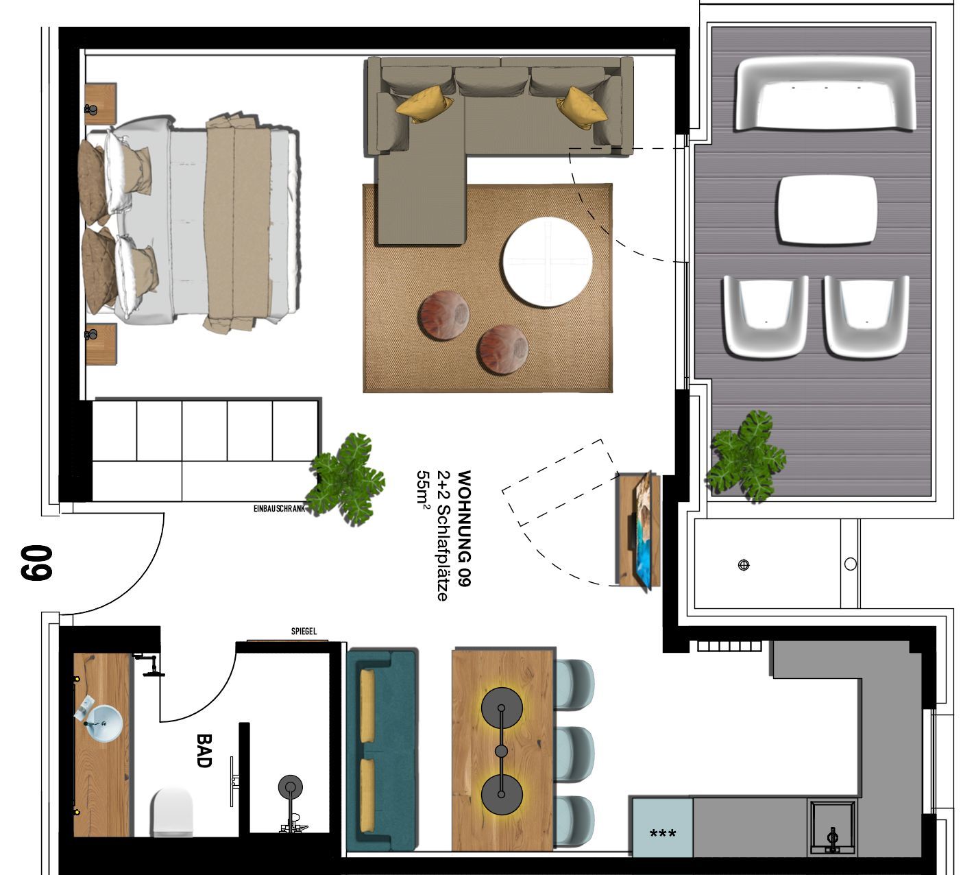 Kaiservillen Heringsdorf 1-Raum-Ferienwohnung mit Balkon zur Seeseite (S9) Insel Usedom - Grundriss