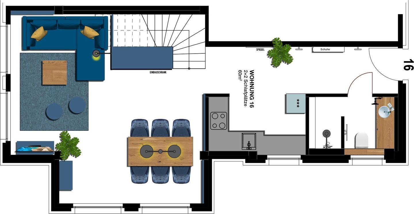 Kaiservillen Heringsdorf Ferienwohnung mit 1 Schlafzimmer und Balkon zur Seeseite (S16) Insel Usedom - Grundriss