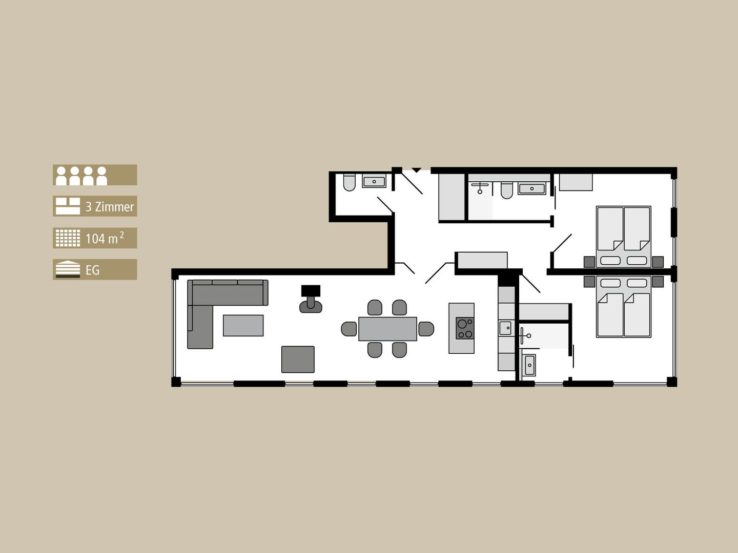 Strandvillen Binz Ferienwohnung mit 2 Schlafzimmern und Terrasse (PVA/01) Insel Rügen - Grundriss