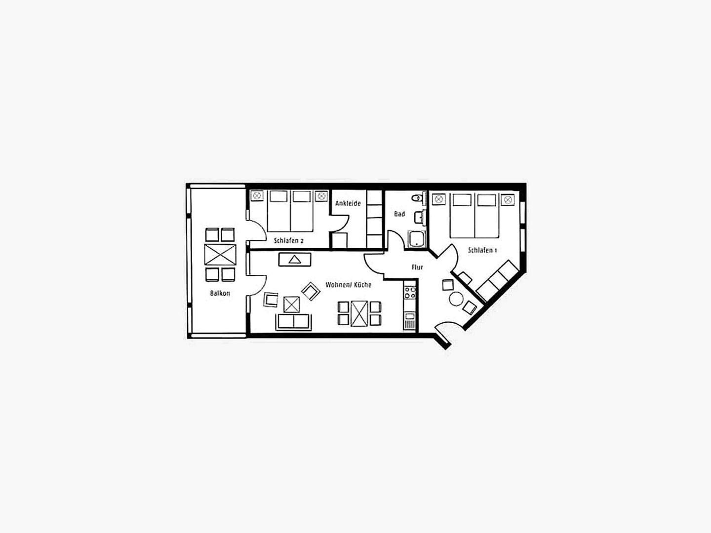 Dünenpark Binz Komfort Ferienwohnung mit 2 Schlafzimmern und Terrasse im Erdgeschoss (163) Insel Rügen - Grundriss