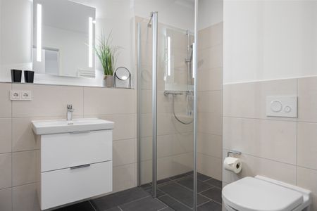 Weiße Villen Weiße Villen 1-11 Boltenhagen - Badezimmer mit Dusche, Waschtisch, WC und Spiegel