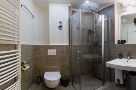 Ohlerich Speicher Ohlerich Speicher 2-09 Wismar - Badezimmer mit Dusche, Waschtisch, WC und Spiegel