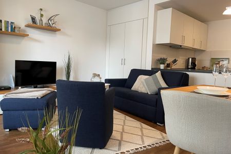 DünenResort Binz DünenResort Binz 419 Rügen - Wohn-Essbereich mit Couch und Flatscreen-TV