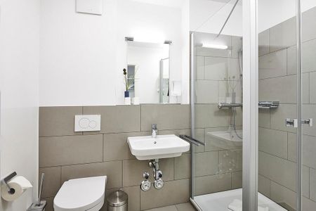 Deichhäuser Anna Küste Deichhäuser Anna Küste 3-21 Bensersiel - Badezimmer mit Dusche, WC, Waschtisch und Spiegel