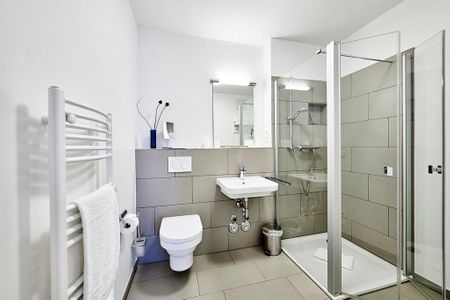 Deichhäuser Anna Küste Deichhäuser Anna Küste 4-14 Bensersiel - Badezimmer mit Dusche, Waschtisch, WC und Spiegel