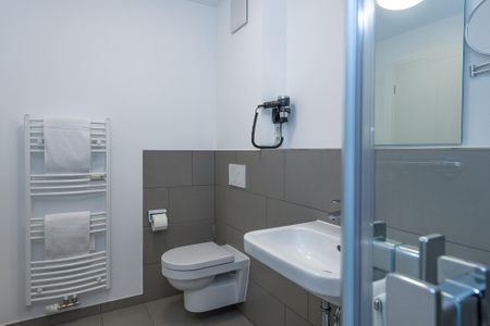 Deichhäuser Anna Küste Deichhäuser Anna Küste 6-11 Bensersiel - Badezimmer mit Dusche, Waschtisch, WC, Spiegel und Handtuchwärmer