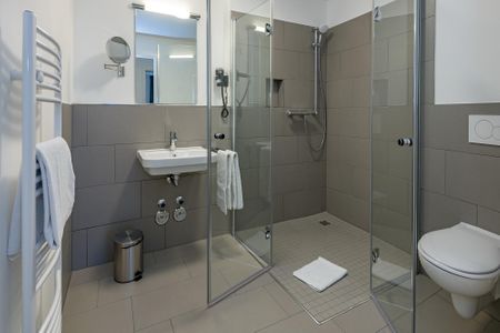 Deichhäuser Anna Küste Deichhäuser Anna Küste 6-14 Bensersiel - Badezimmer mit Dusche, Waschtisch, WC und Spiegel