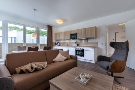 Aparthotel Ostseeallee Aparthotel Ostseeallee 2-18 Boltenhagen - Wohn-/Essbereich mit Doppelschlafcouch, Couchtisch, Sessel und Küchenzeile