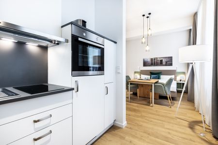 Ferienapartments am Krusespeicher Ferienapartments am Krusespeicher 0-01 Wismar - Wohn-/Schlafbereich mit Küchenzeile