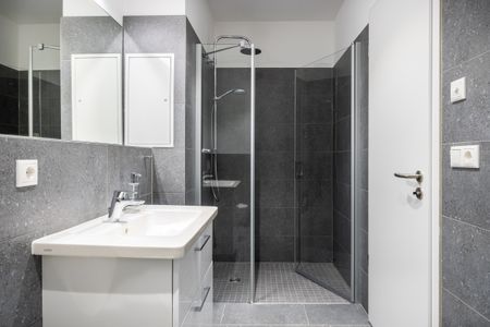 Krusespeicher Krusespeicher 3-48 Wismar - Badezimmer mit Dusche, Waschtisch und Spiegel