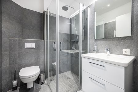 Krusespeicher Krusespeicher 3-44 Wismar - Badezimmer mit Dusche, Waschtisch, WC und Spiegel