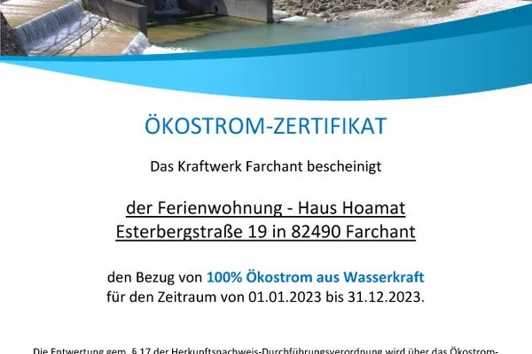 Certificate green electricity from 100% hydropower  Haus Hoamat - Almrausch