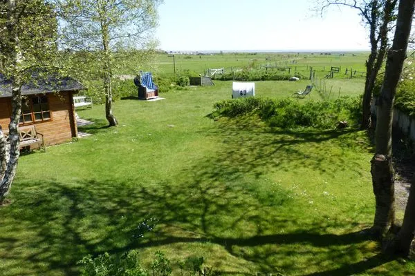 Wiese mit Strandkörben der Ferienwohnung Reethuk in Norddorf auf Amrum Haus Pesel Ferienwohnung *Reethuk*