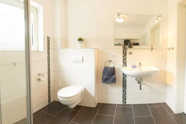 Badezimmer  Ferienwohnung Waterkant direkt am Wittensee, mit SPIELSCHEUNE