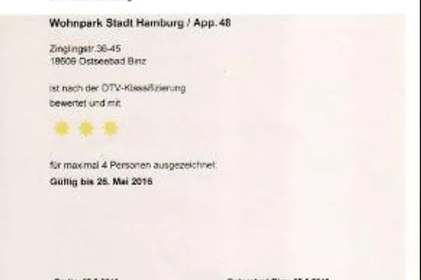 Zertifikat Wohnpark Stadt Hamburg Ferienwohnung 48