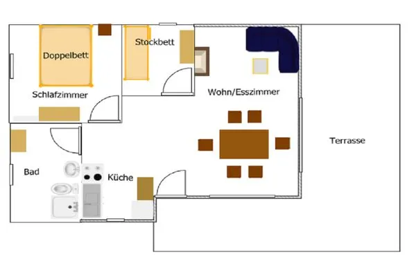 Grundriss des Ferienhauses, Essplatz, Küche Bad mit 2 Schlafzimmern  Fjordhytte-2