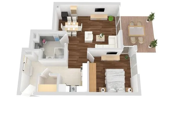 Ferienwohnung Fischotter Waren (Müritz) - Grundriss der Ferienwohnung mit Wohn-, Schlaf- und Essbereich  Fischotter