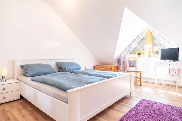 Schlafzimmer mit Doppelbett und TV Ferienpark Freesenbruch Reihenhaus 5b - Seehund