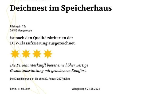 Auszeichnung DTV Speicherhaus Ferienwohnung Deichnest