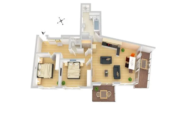 ChatGPT:  Ferienwohnung Garzini Hafenresidenz Waren (Müritz) – Grundriss der großzügigen Ferienwohnung mit zwei SZ  Garzini