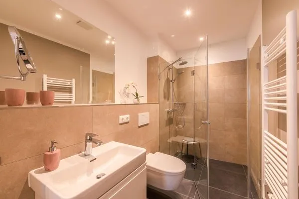 Ferienwohnung Inselsuite Malchow Badezimmer mit Glasdusche  Inselsuite