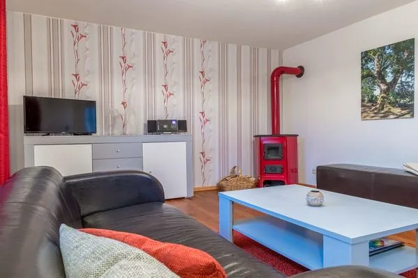 Ferienwohnung Rohrdommel Wohnzimmer mit Kamin  Rohrdommel