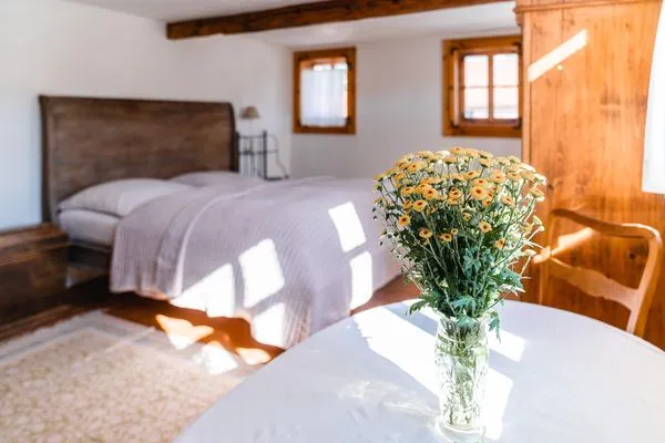 Wohn- & Schlafbereich, mit großem Bett  Ferienwohnung Landhaus Fröbel