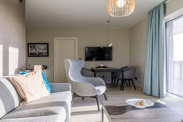 Ferienwohnung Strandblick Ostseebad Wustrow ZweiWasser Alte Seefahrtschule Gemütlicher Wohnbereich  Strandblick