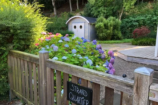 Blick in den modernen Garten mit Hortensien  Strandquartier L. A.