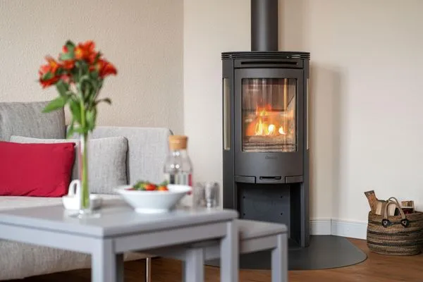 Wohnzimmer mit Kaminofen  Ferienwohnung Gut Hardesby