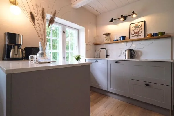 Küche mit Geschirrspüler, Induktionsherd und Spüle  Reetdachkate Fuchsgraben