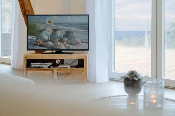 Wohnbereich mit TV, Meerblick und Kamin  Westscheune am Mühlendamm
