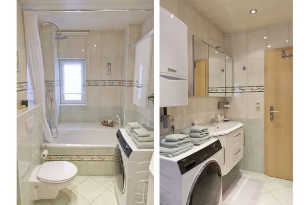 Helles Badezimmer mit Wanne  Ferienwohnung Waldblick