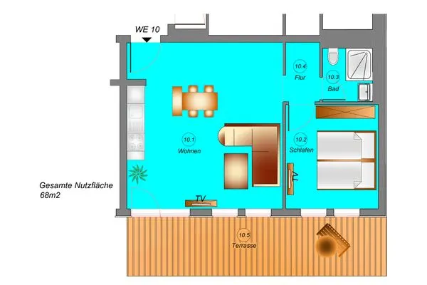 Grundriss  App. 10 mit Terrasse, Privatstrand