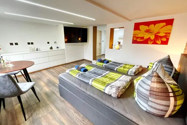 Gesamtansicht des Schlafzimmers mit Blick auf Eingangsbereich in dem sich Küchenzeile und Dusche befinden  Ferienapartment Zur guten Quelle