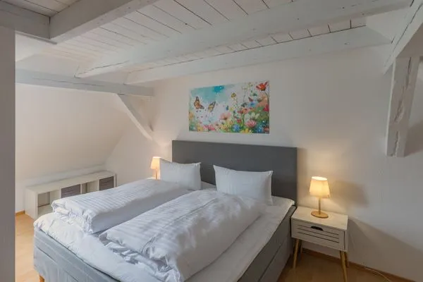 Ferienhaus Wiesenquartier Penkow Bett Schlafzimmer Obergeschoss  WiesenQuartier
