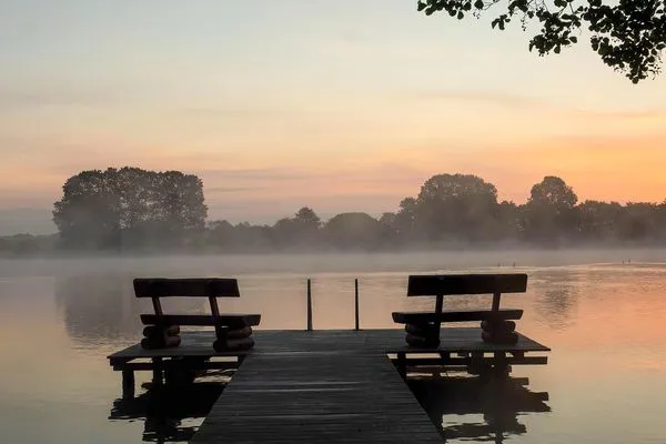 Ferienwohnung Graureiher Sonnenaufgang über dem See  Graureiher
