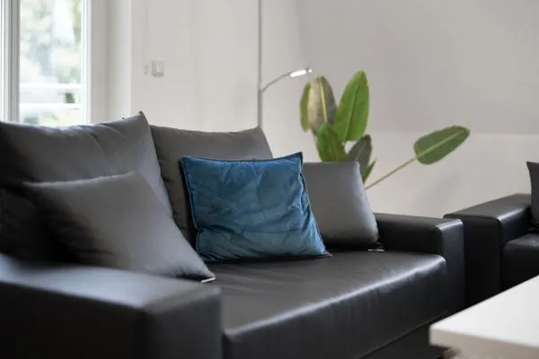 Apartment Strandglück Malchow - gemütliches schwarzes Sofa im Wohnzimmer  Strandglück