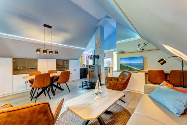 Wohnzimmer  Dünenhäuser Ückeritz UnserUsedomDe FeWo ca.80qm mit privater Sauna und Kamin, Parkplatz, direkt am Strand. 7/3