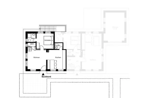 Grundriss Erdgeschoss des Ferienhauses Backbord in Süddorf auf Amrum Haus *Strandweg 8* Friesenhaushälfte *Backbord*