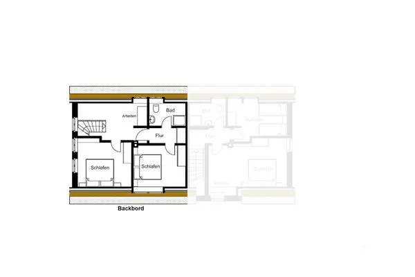 Grundriss Obergeschoss des Ferienhauses Backbord in Süddorf auf Amrum Haus *Strandweg 8* Friesenhaushälfte *Backbord*