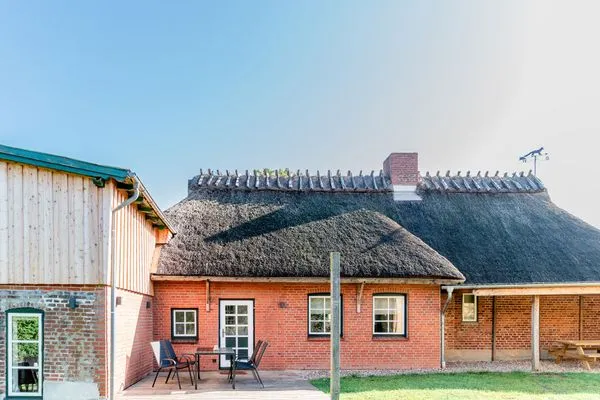 Rückseite des Hauses mit Terrasse  Ferienwohnung Teve im Reethus Mühlenlund