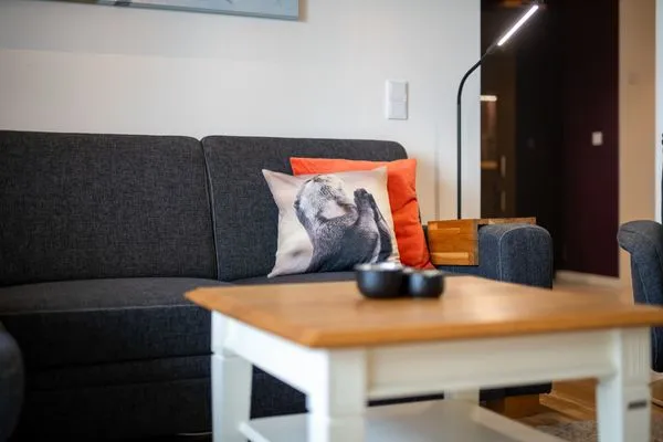 Ferienwohnung Fischotter Waren (Müritz) - Sofa mit dekorativen Kissen im Wohnbereich  Fischotter