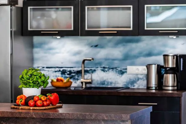 Küche: offene Küche, Kühlschrank, Backofen, Spülmaschine, Geschirr/Besteck, Kochutensilien, Toaster, Mikrowelle, Filterk  FeWo Stubbenkammer in PRORA - 8.04