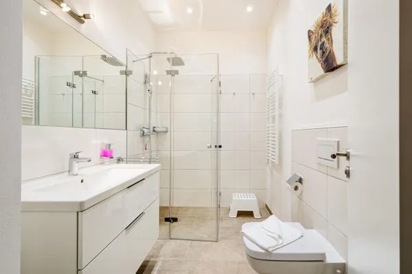 Badezimmer: Regendusche, Haartrockner, WC  FeWo Ostseebrise in PRORA - 5.03