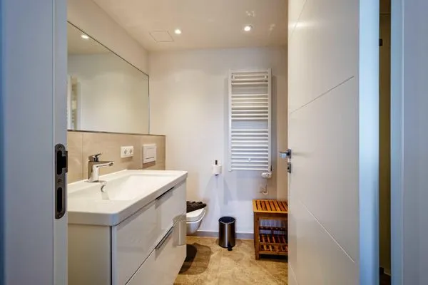 Badezimmer: Regendusche, WC, Haartrockner  FeWo Se(e)hnsucht in PRORA - 9.32