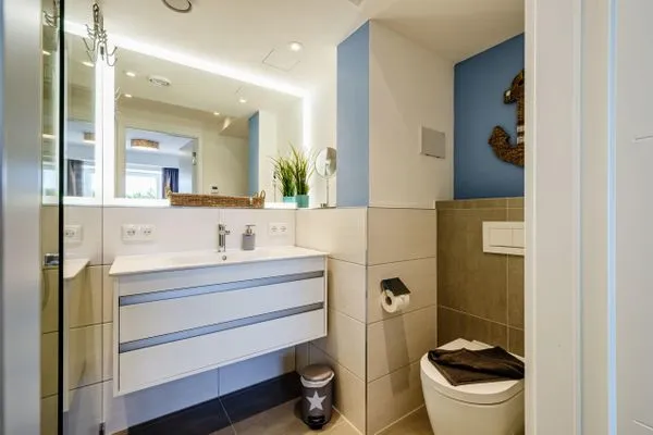 Badezimmer: Regendusche, WC, Haartrockner  FeWo Strandglück in PRORA - 9.44