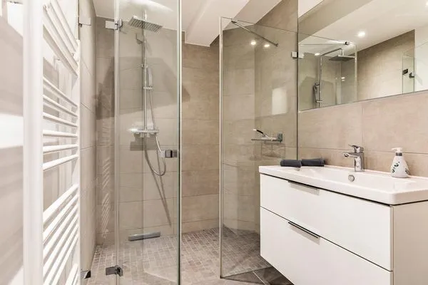 Badezimmer: Regendusche, WC, Haartrockner  FeWo Dünenwald in PRORA - 6.44