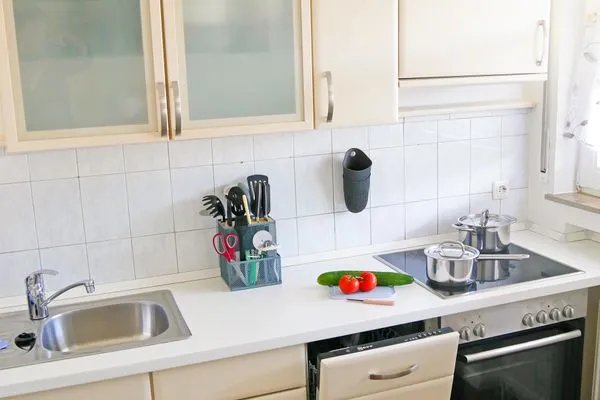 Küche / Kochfeld und Spülmaschine Ferienhaus Greune-Stee 87 Ferienwohnung Uttiet bi de Düün