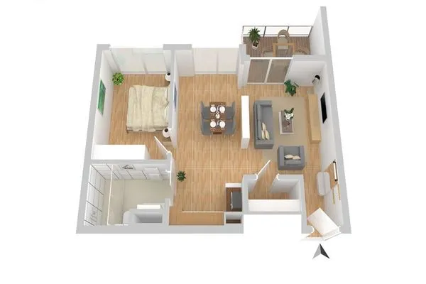 Ferienwohnung Sieglinde Hafenresidenz Waren (Müritz) – Grundriss der modernen Ferienwohnung mit Balkon und Seeblick  Sieglinde